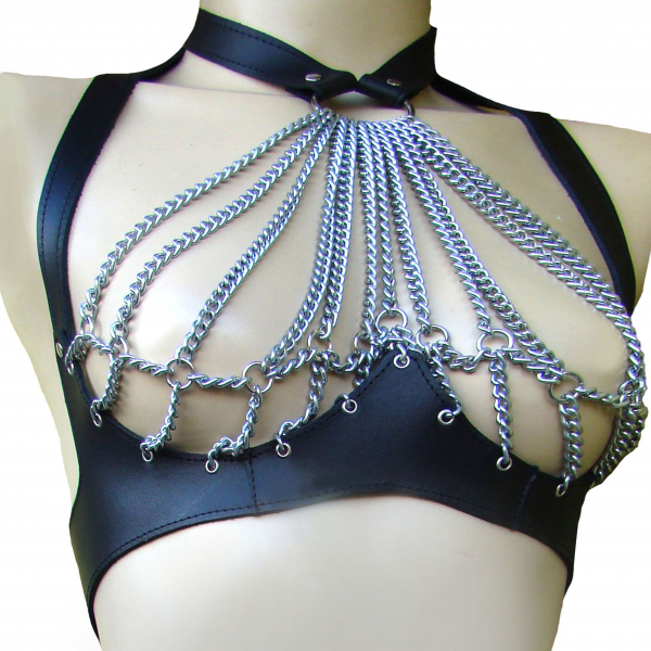 Ketten Metall BH GoGo Leder Riemen Bustier bra Oberteil Ledapol 5651