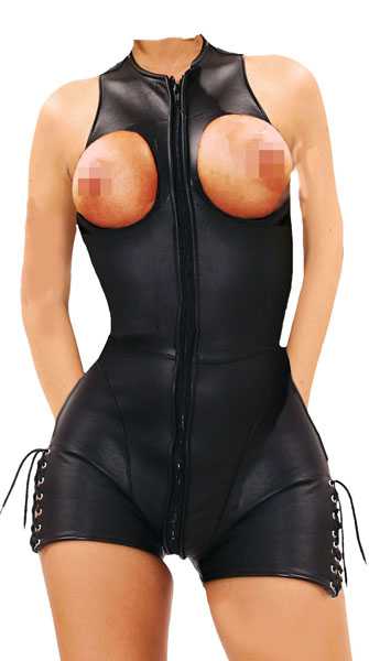 Anzug Echtes Leder Cupless Overall Catsuit Ouvert Brust frei WT 0857